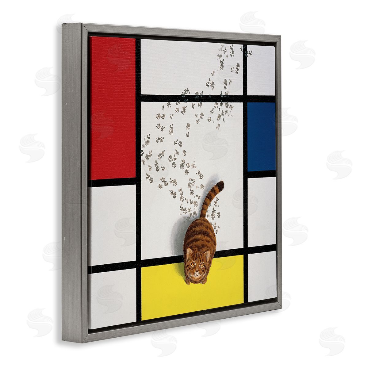 Chameleon Design Inc. Classical Mondrian Abstract Cat Painting Parody Gray Floating Frame Canvas Wall Art Print