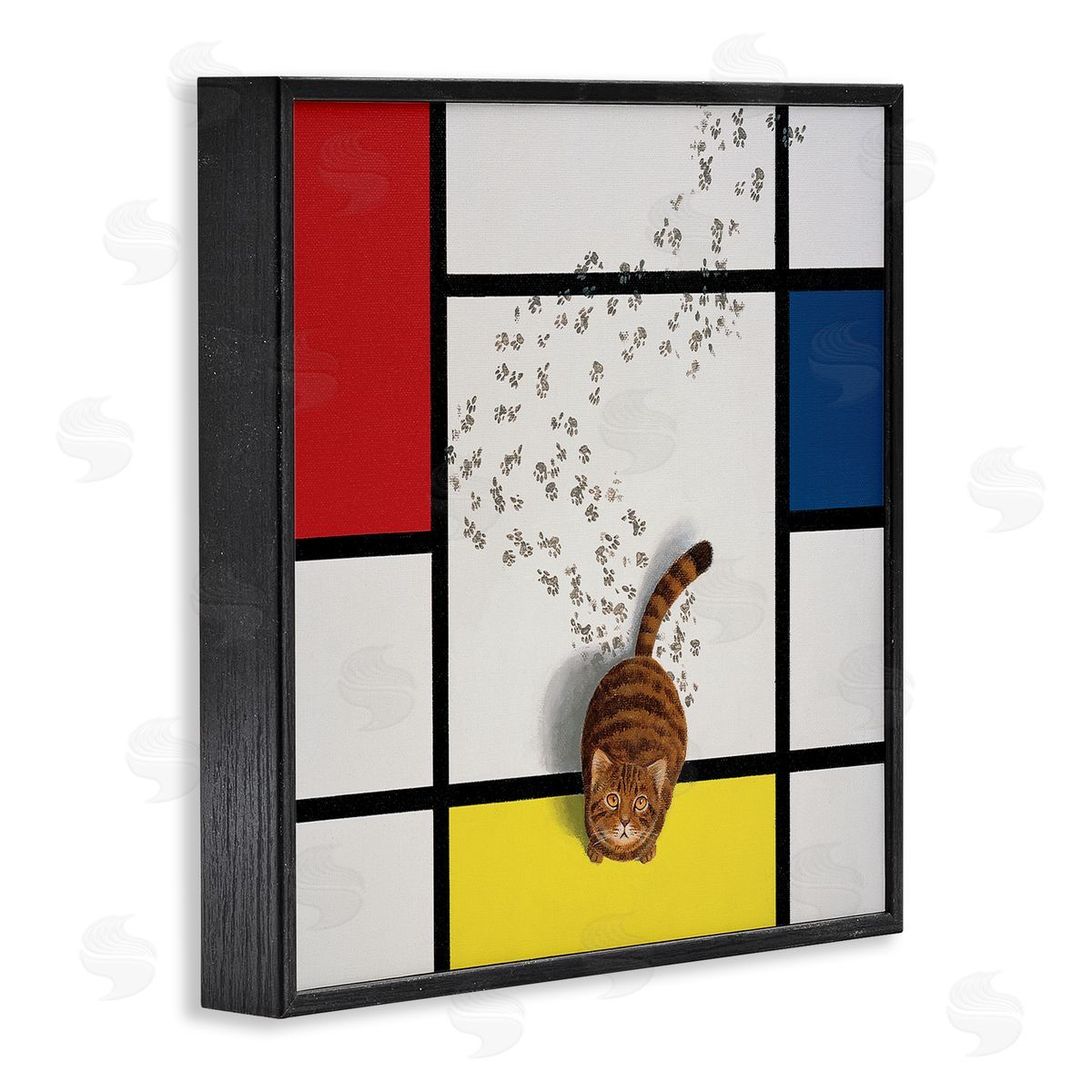 Chameleon Design Inc. Classical Mondrian Abstract Cat Painting Parody Black Framed Glicee Wall Art Print