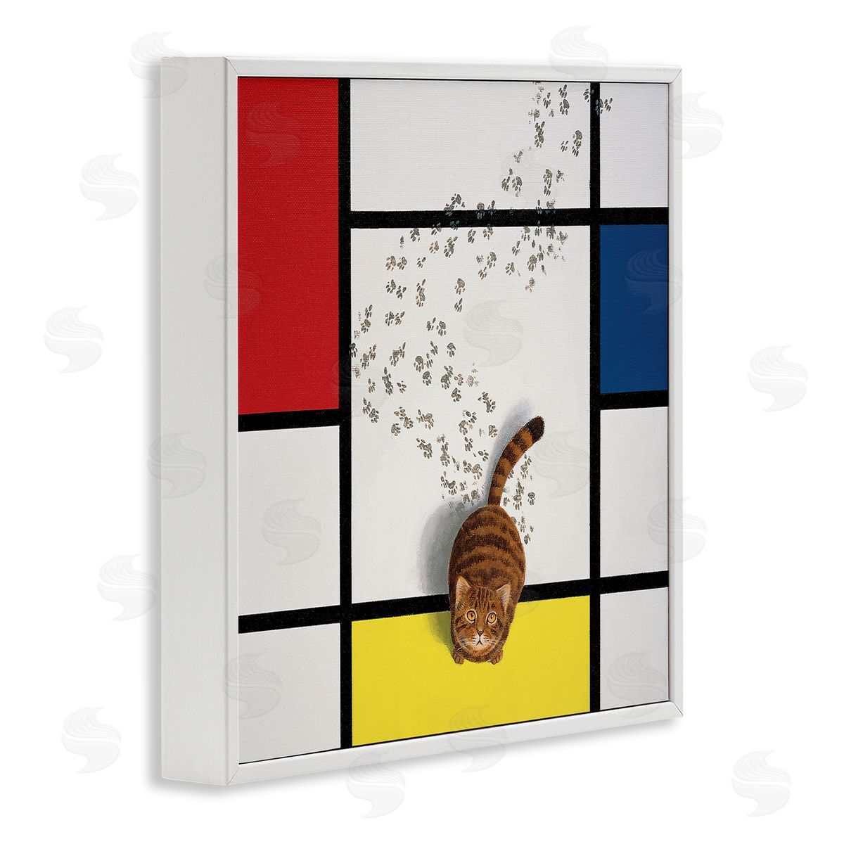 Chameleon Design Inc. Classical Mondrian Abstract Cat Painting Parody White Framed Glicee Wall Art Print