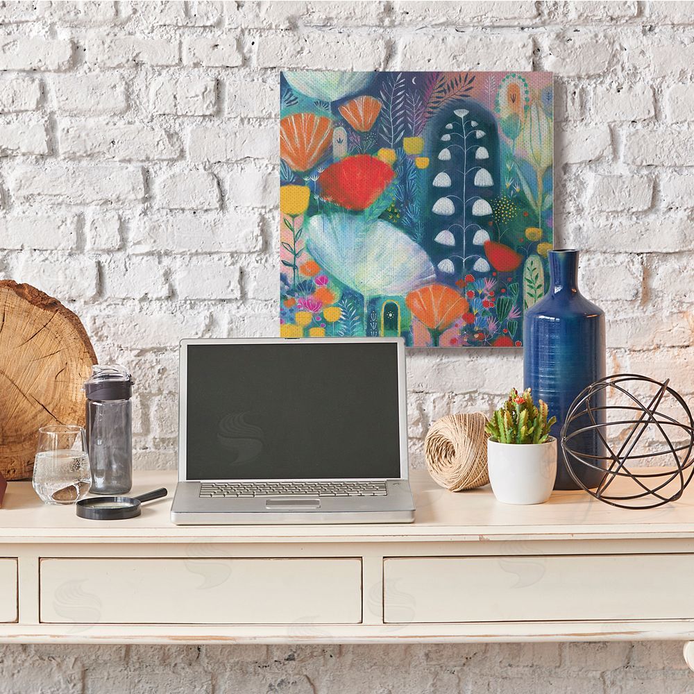 Corina Capri Playful Field of Abstract Florals Blue Red Canvas Wall Art in Room