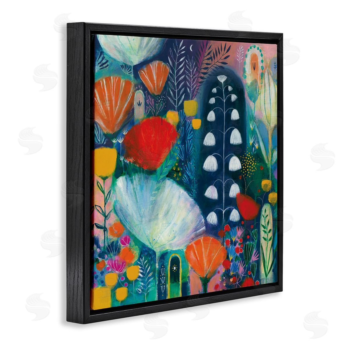 Corina Capri Playful Field of Abstract Florals Blue Red Black Floating Frame Canvas Wall Art Print