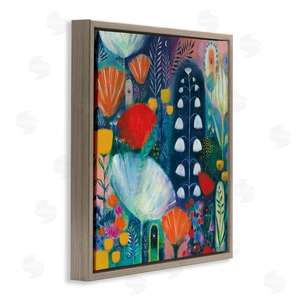 Corina Capri Playful Field of Abstract Florals Blue Red Brown Floating Frame Canvas Wall Art Print