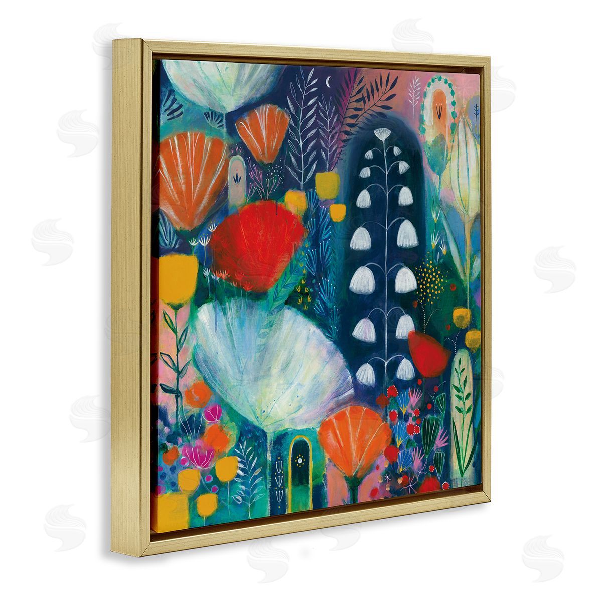 Corina Capri Playful Field of Abstract Florals Blue Red Gold Floating Frame Canvas Wall Art Print