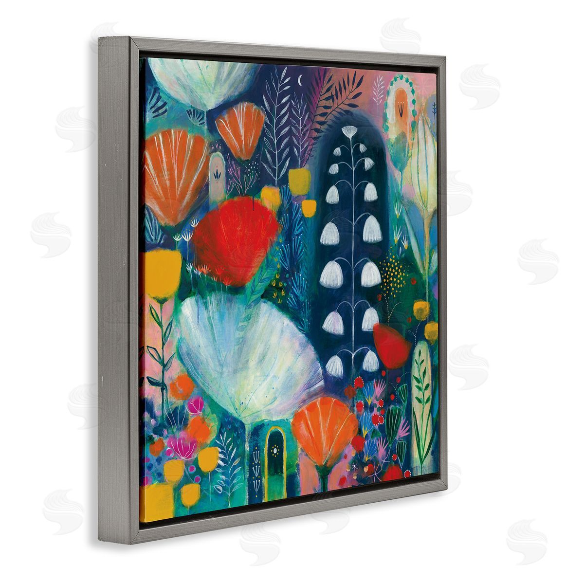 Corina Capri Playful Field of Abstract Florals Blue Red Gray Floating Frame Canvas Wall Art Print