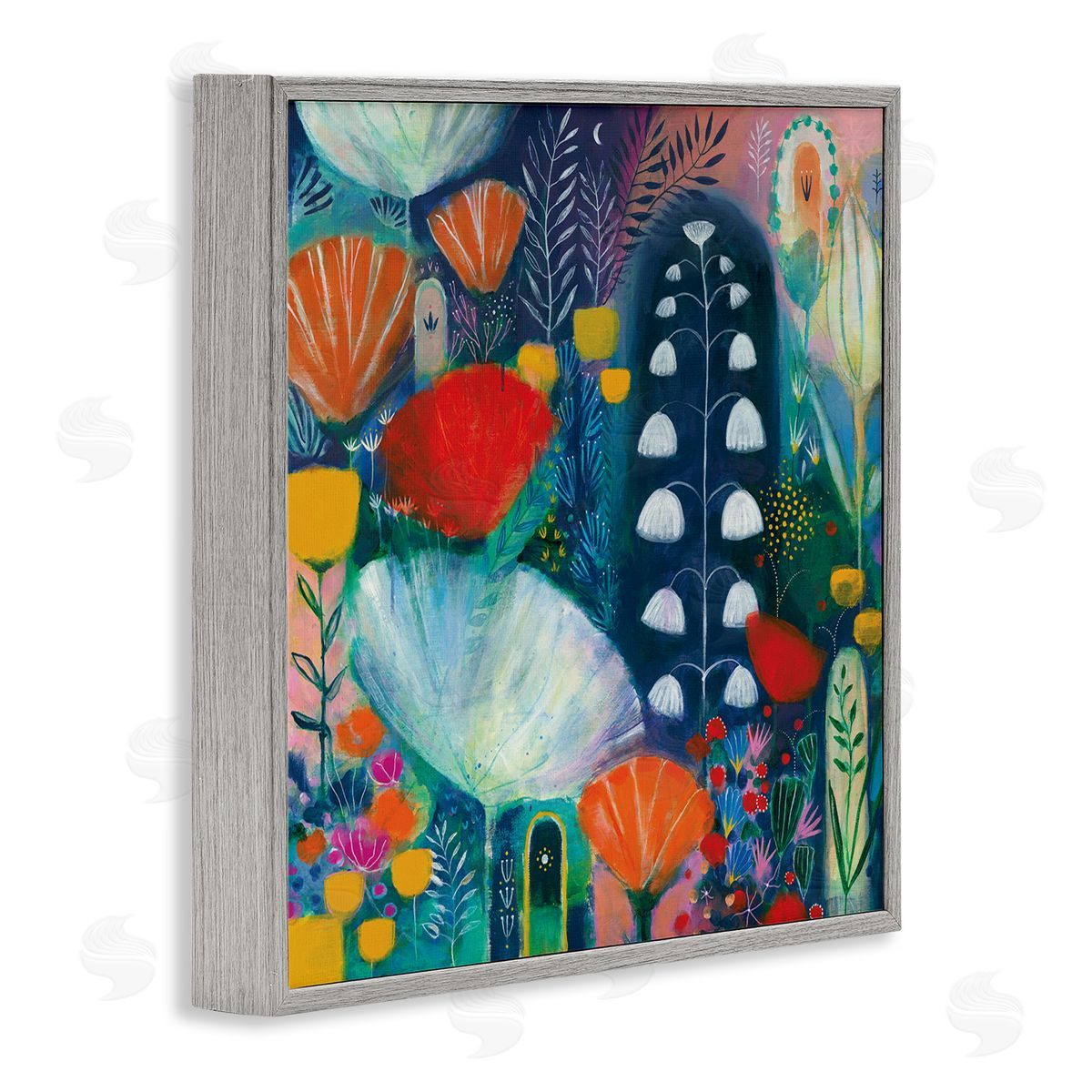 Corina Capri Playful Field of Abstract Florals Blue Red Gray Framed Glicee Wall Art Print
