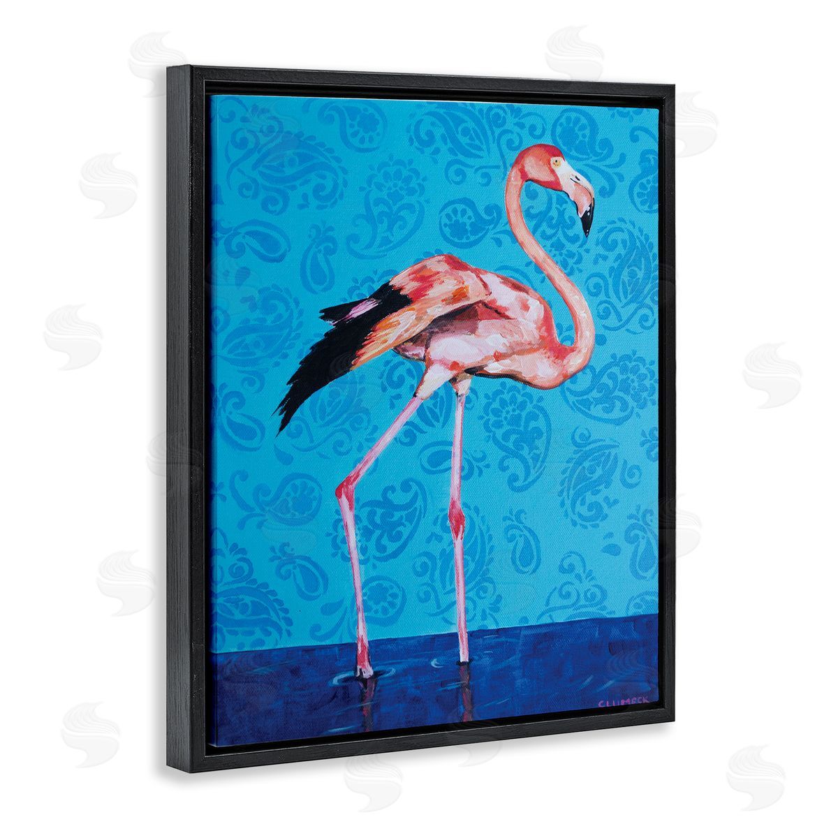 Alana Clumeck Pink Flamingo in Water over Blue Paisley Pattern