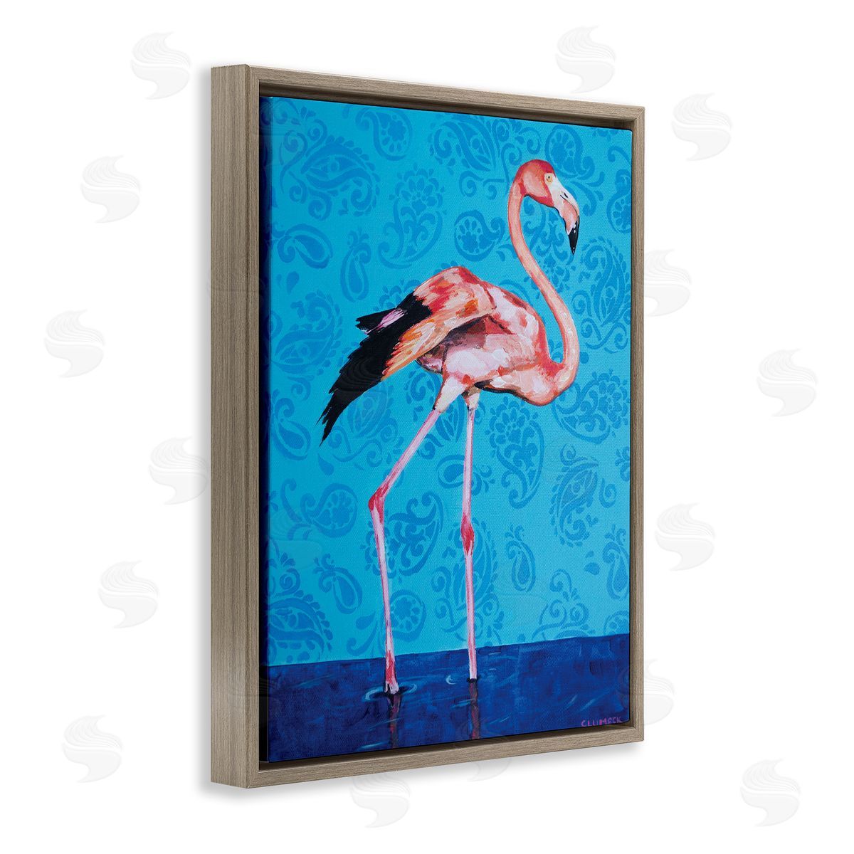 Alana Clumeck Pink Flamingo in Water over Blue Paisley Pattern