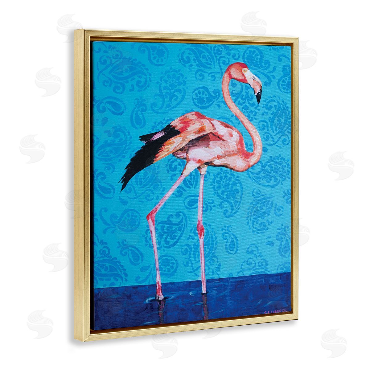 Alana Clumeck Pink Flamingo in Water over Blue Paisley Pattern