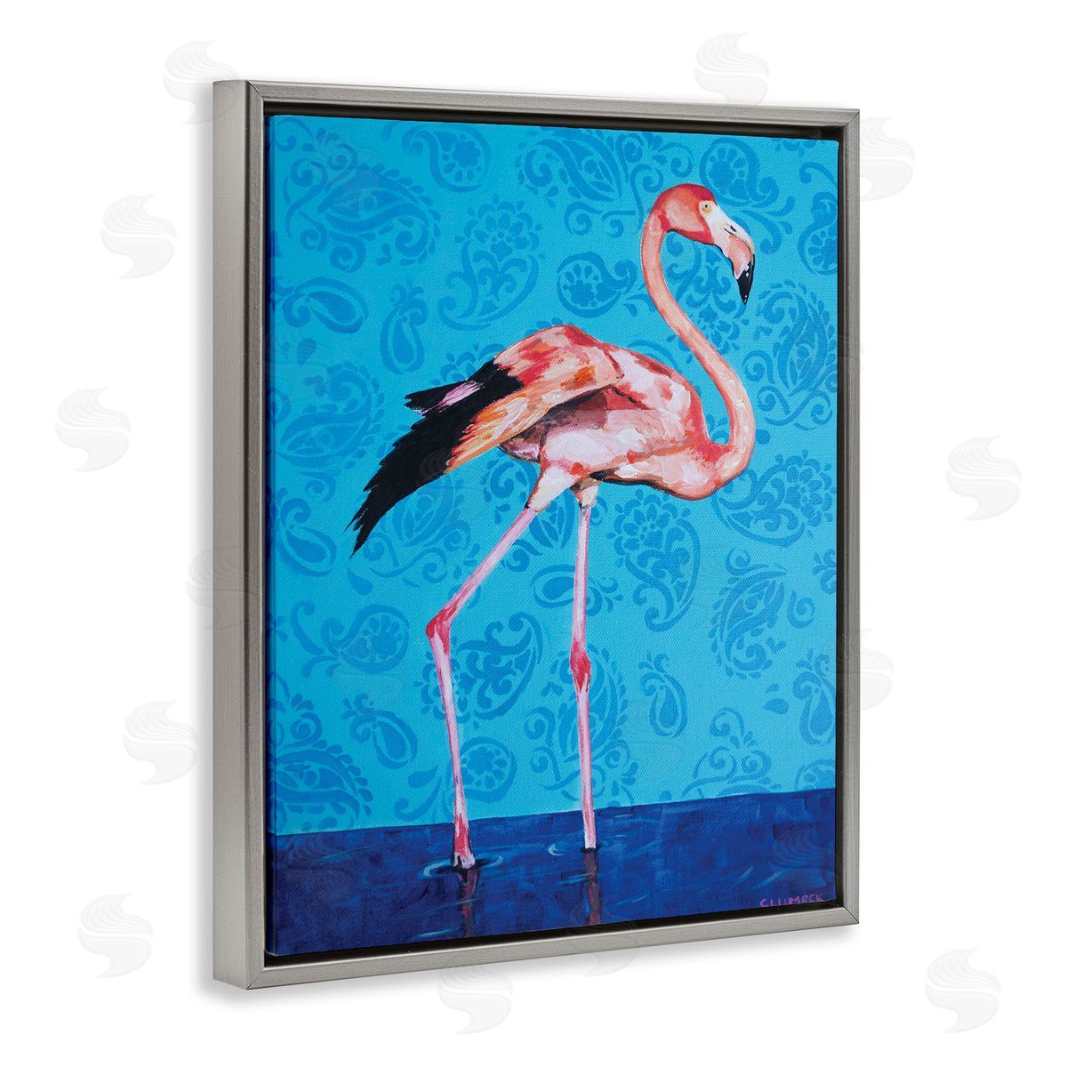 Alana Clumeck Pink Flamingo in Water over Blue Paisley Pattern
