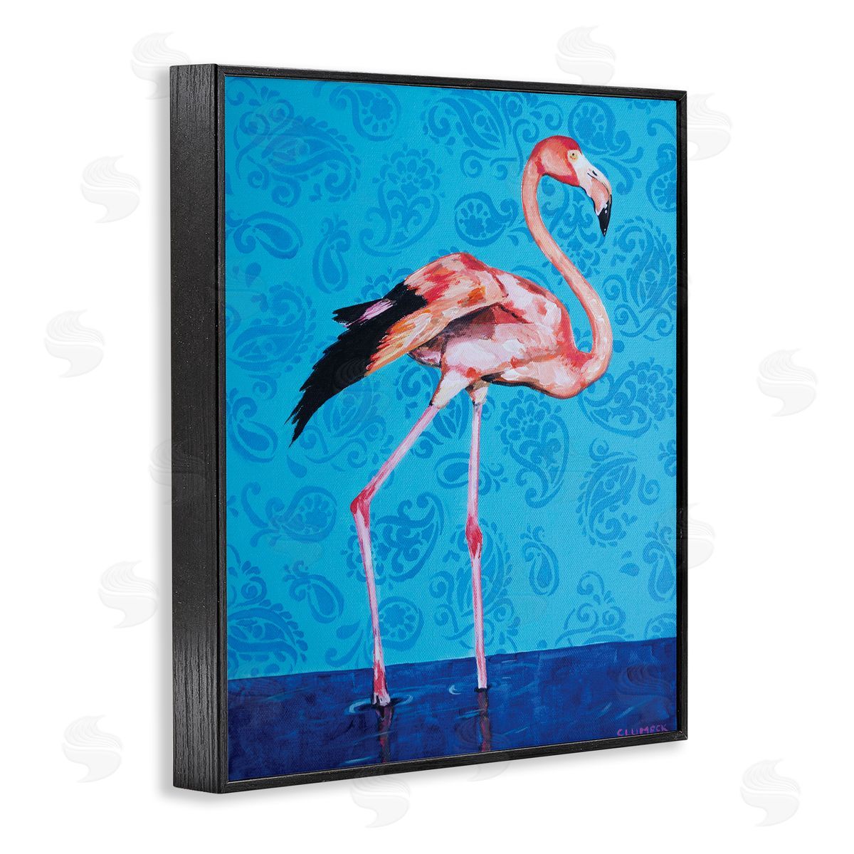 Alana Clumeck Pink Flamingo in Water over Blue Paisley Pattern