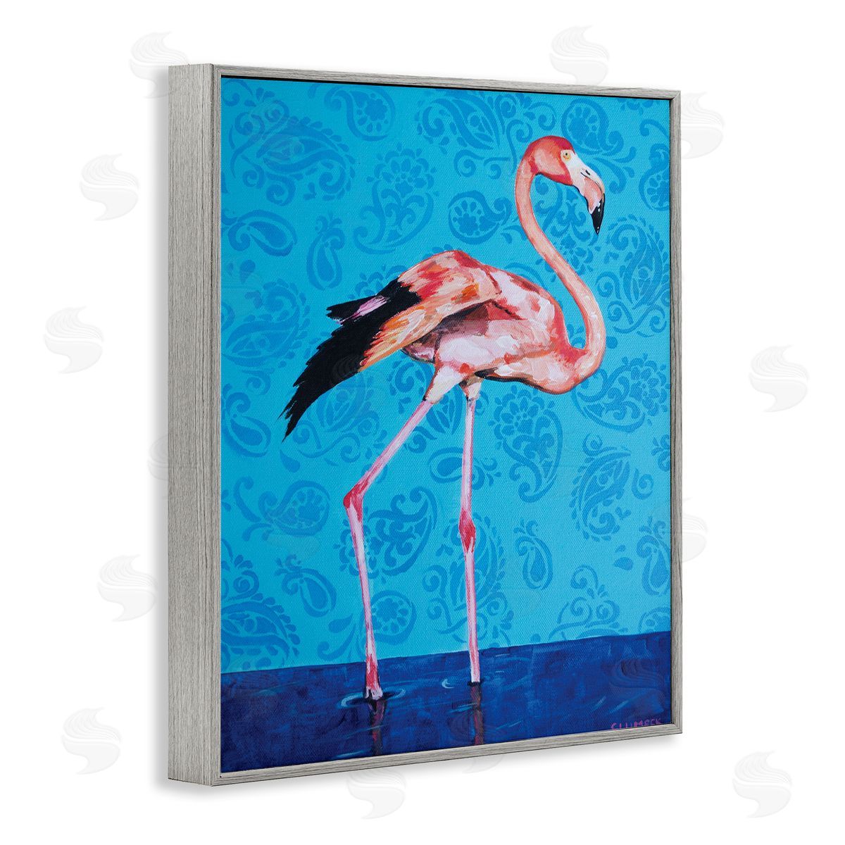 Alana Clumeck Pink Flamingo in Water over Blue Paisley Pattern
