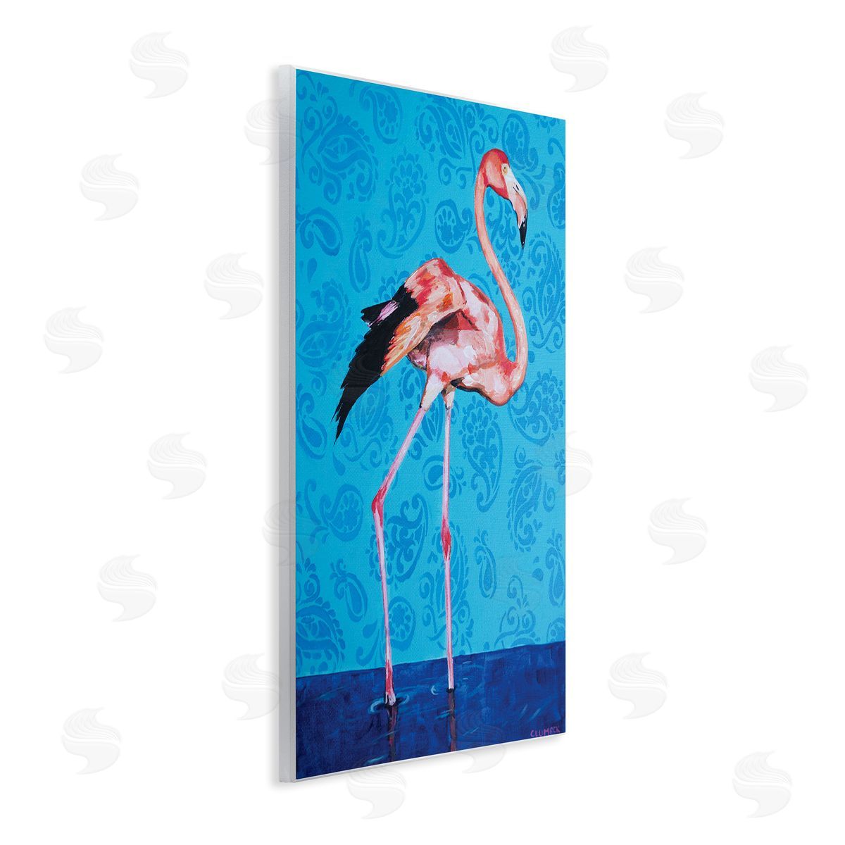 Alana Clumeck Pink Flamingo in Water over Blue Paisley Pattern