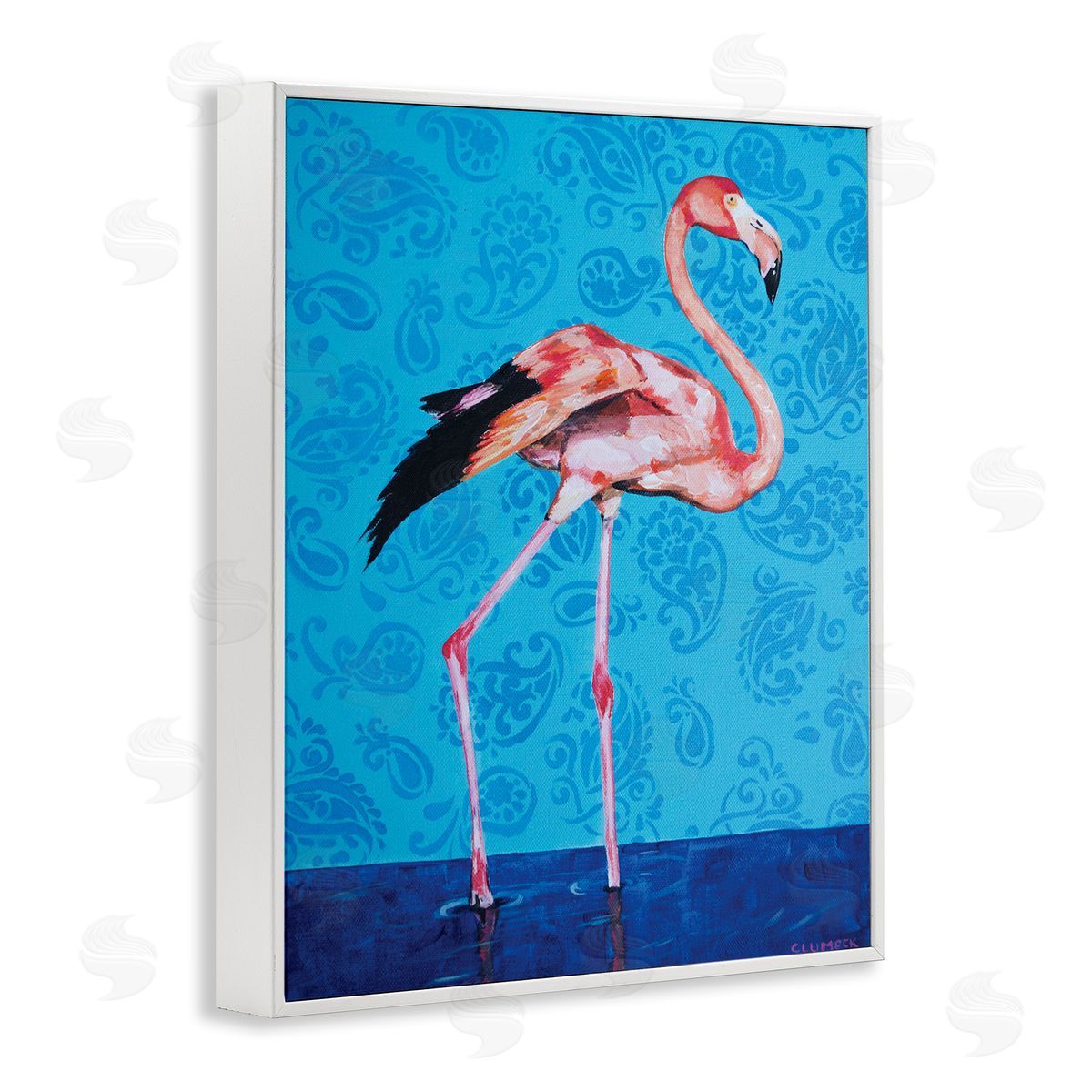 Alana Clumeck Pink Flamingo in Water over Blue Paisley Pattern