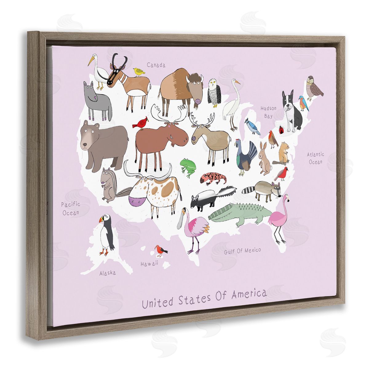 Carla Daly Pink United States Map of Wild Animals