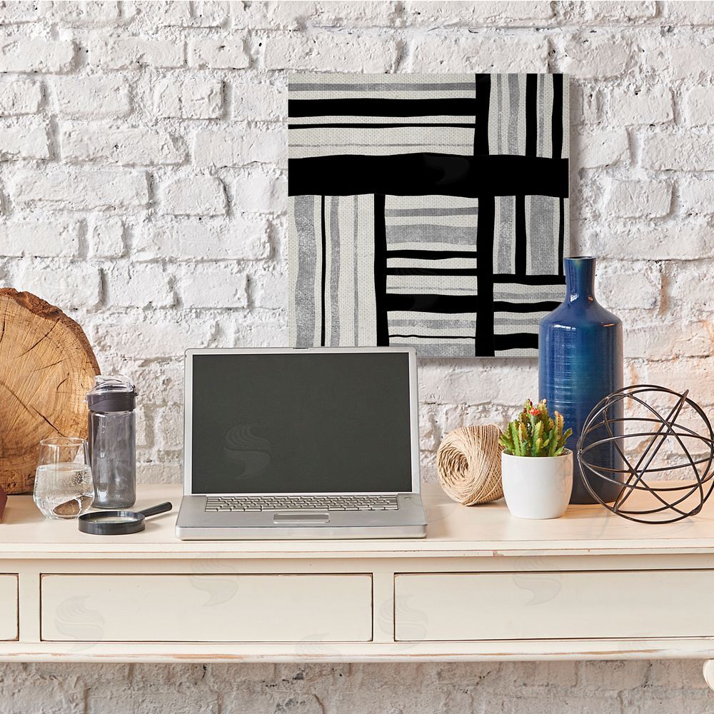Ellie Roberts Abstract Perpendicular Lines Black Grey Beige Canvas Wall Art in Room