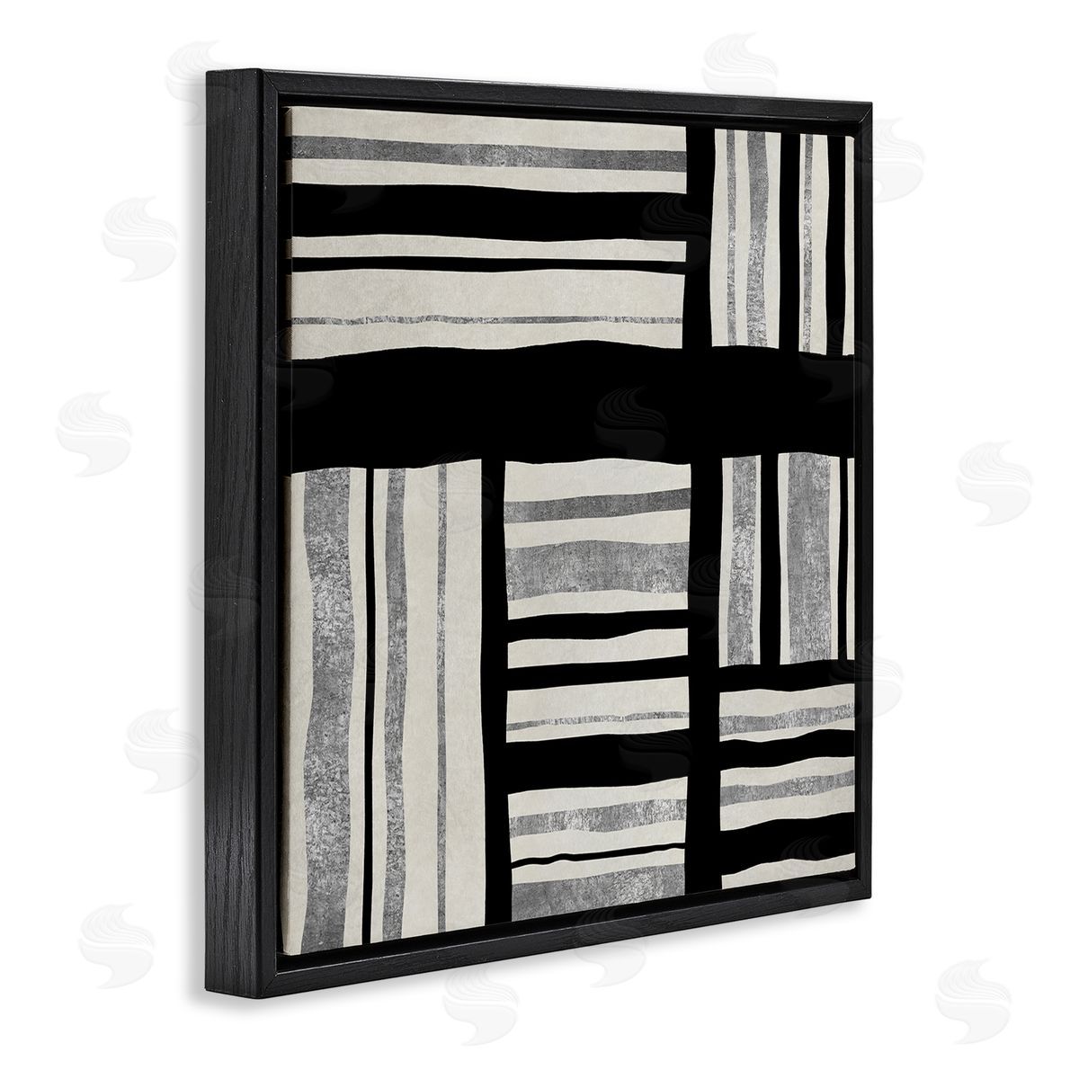 Ellie Roberts Abstract Perpendicular Lines Black Grey Beige Black Floating Frame Canvas Wall Art Print