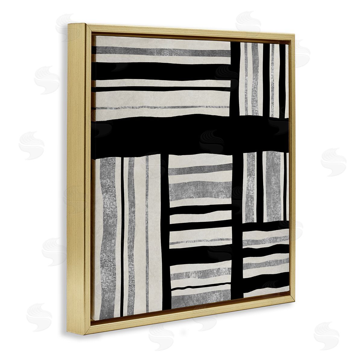 Ellie Roberts Abstract Perpendicular Lines Black Grey Beige Gold Floating Frame Canvas Wall Art Print