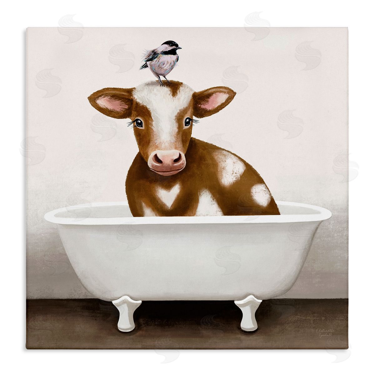 Elizabeth Tyndall Cow in Bathtub with Perched Bird Animals Stretched Canvas Wall Art Print