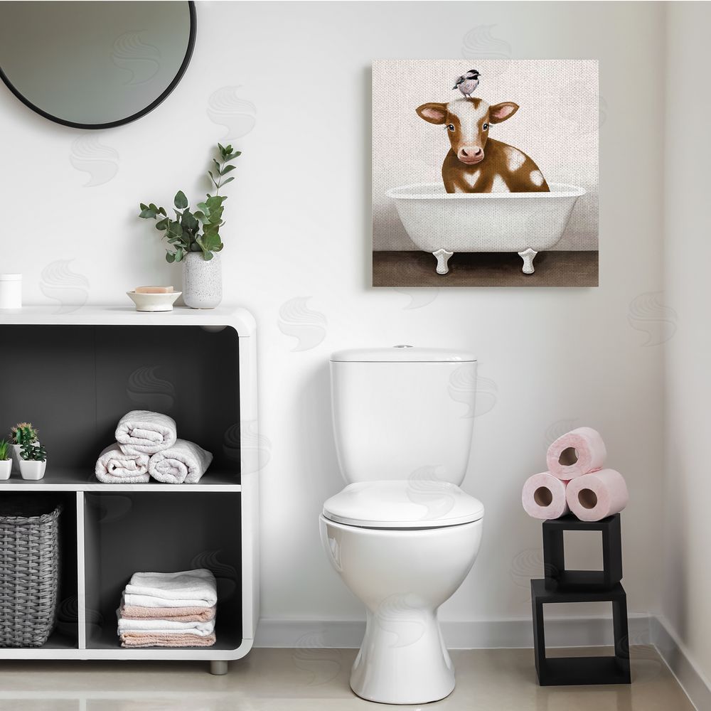 Elizabeth Tyndall Cow in Bathtub with Perched Bird Animals Canvas Wall Art in Room
