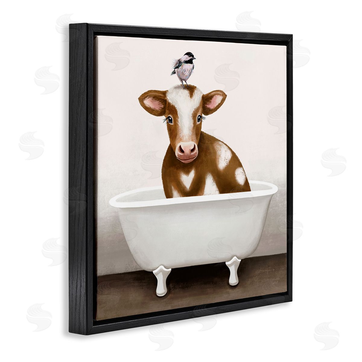 Elizabeth Tyndall Cow in Bathtub with Perched Bird Animals Black Floating Frame Canvas Wall Art Print