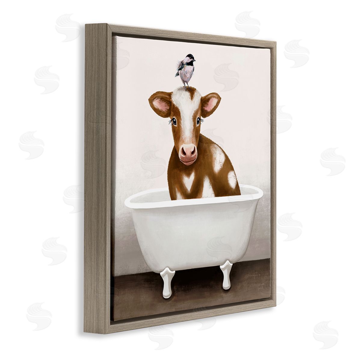 Elizabeth Tyndall Cow in Bathtub with Perched Bird Animals Brown Floating Frame Canvas Wall Art Print