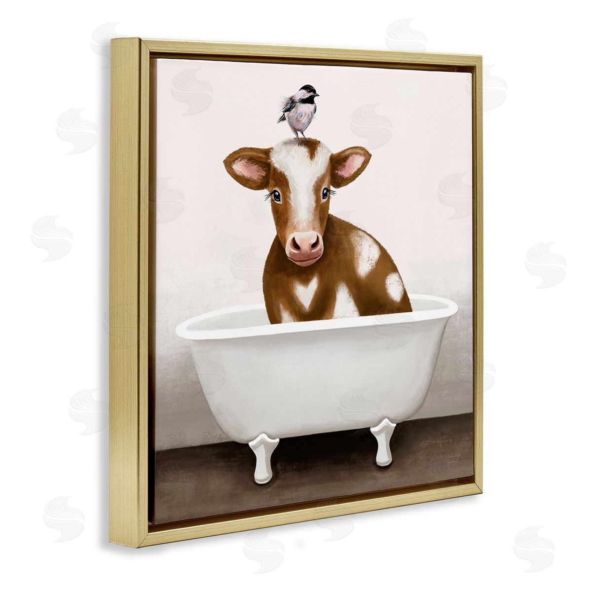 Elizabeth Tyndall Cow in Bathtub with Perched Bird Animals Gold Floating Frame Canvas Wall Art Print