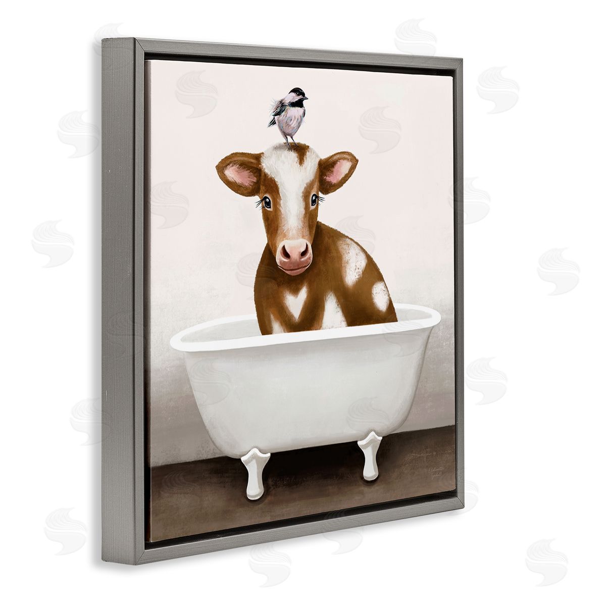 Elizabeth Tyndall Cow in Bathtub with Perched Bird Animals Gray Floating Frame Canvas Wall Art Print