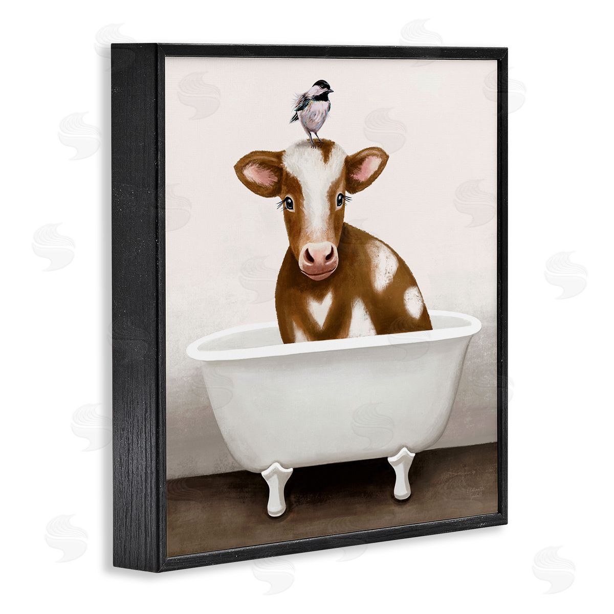 Elizabeth Tyndall Cow in Bathtub with Perched Bird Animals Black Framed Glicee Wall Art Print