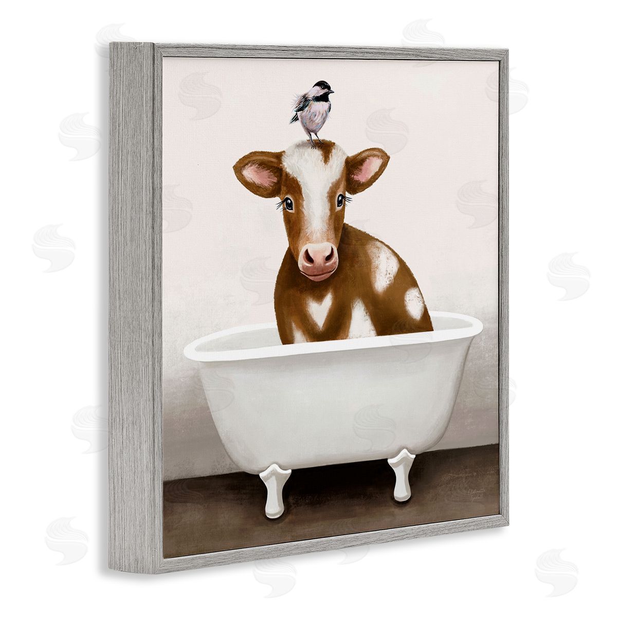 Elizabeth Tyndall Cow in Bathtub with Perched Bird Animals Gray Framed Glicee Wall Art Print