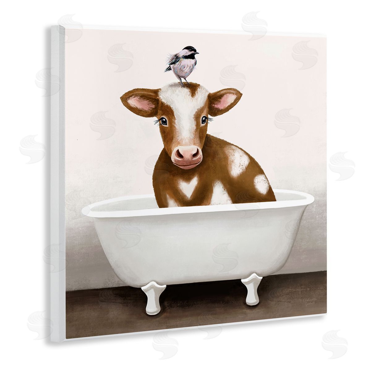 Elizabeth Tyndall Cow in Bathtub with Perched Bird Animals Wooden Wall Plaque Art Print