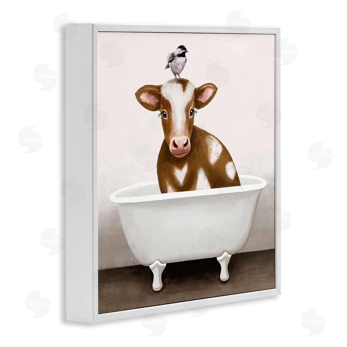 Elizabeth Tyndall Cow in Bathtub with Perched Bird Animals White Framed Glicee Wall Art Print