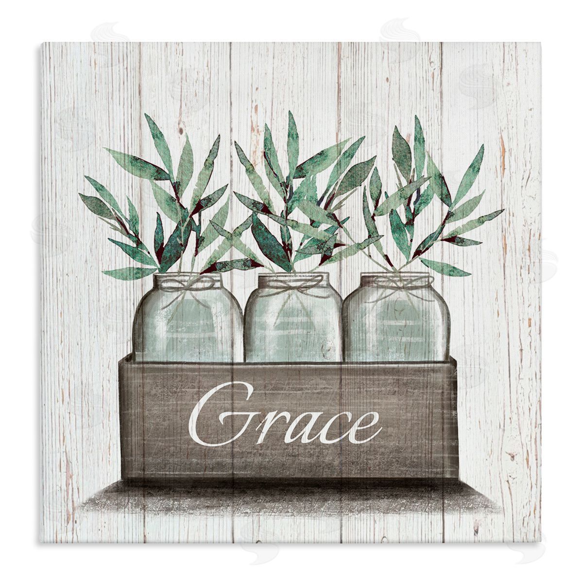 Elizabeth Tyndall Green Plant Foliage in Jars with Grace Sentiments Stretched Canvas Wall Art Print