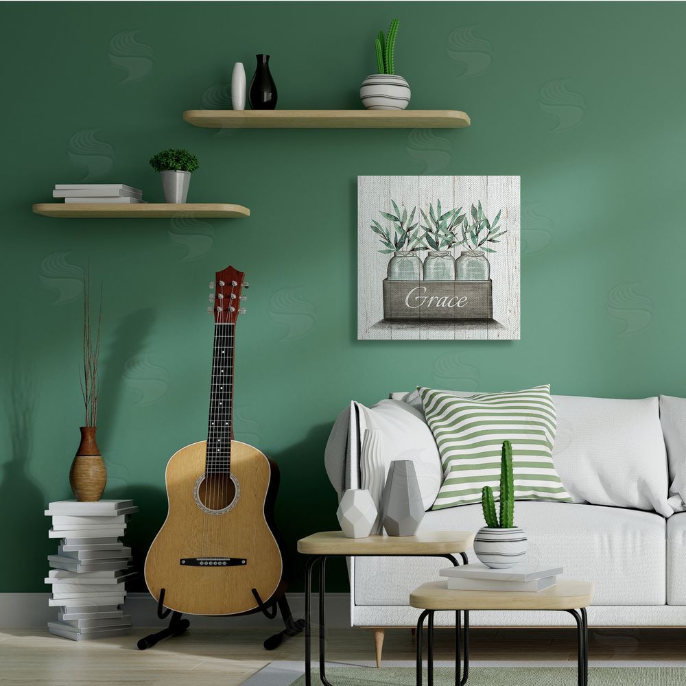 Elizabeth Tyndall Green Plant Foliage in Jars with Grace Sentiments Canvas Wall Art in Room