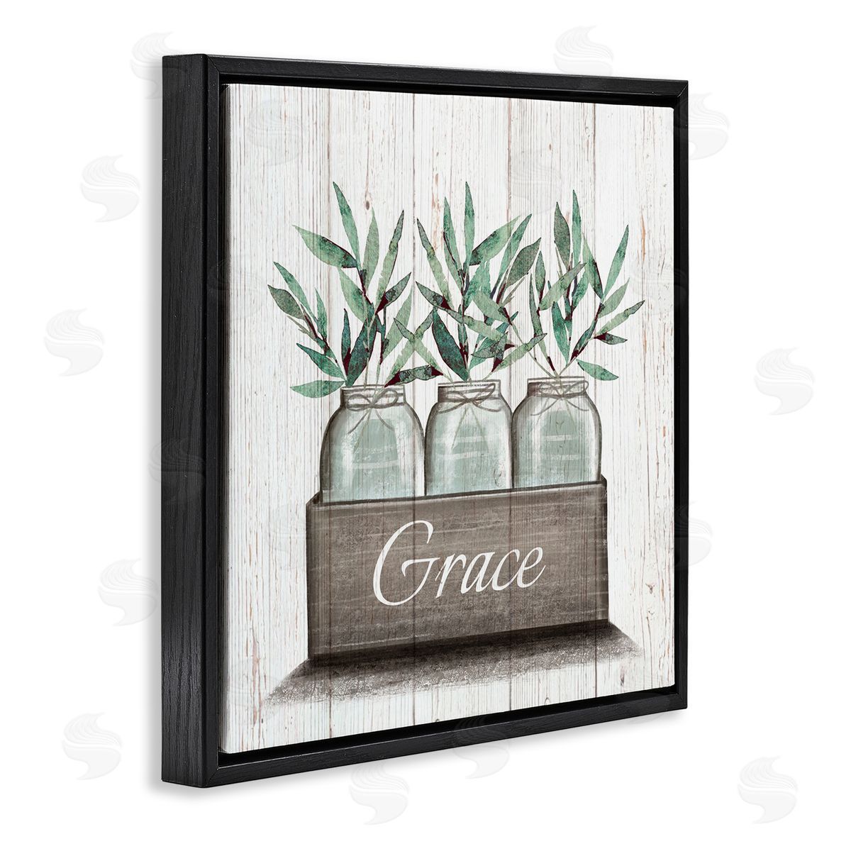 Elizabeth Tyndall Green Plant Foliage in Jars with Grace Sentiments Black Floating Frame Canvas Wall Art Print