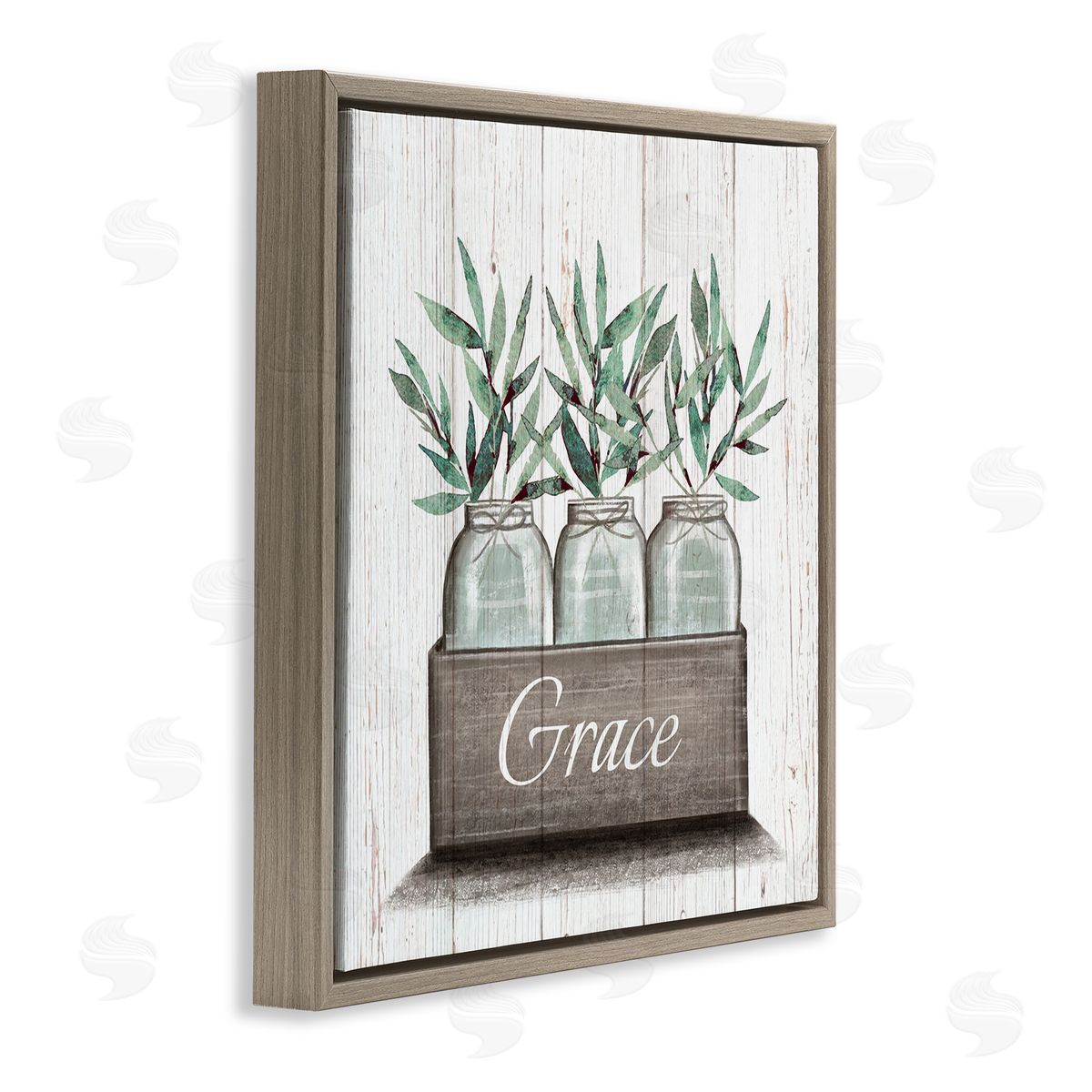 Elizabeth Tyndall Green Plant Foliage in Jars with Grace Sentiments Brown Floating Frame Canvas Wall Art Print