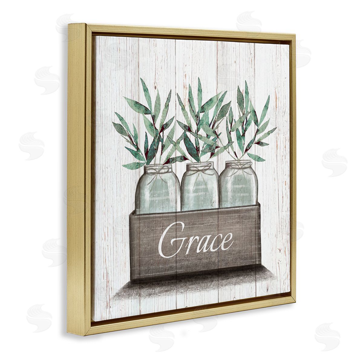 Elizabeth Tyndall Green Plant Foliage in Jars with Grace Sentiments Gold Floating Frame Canvas Wall Art Print