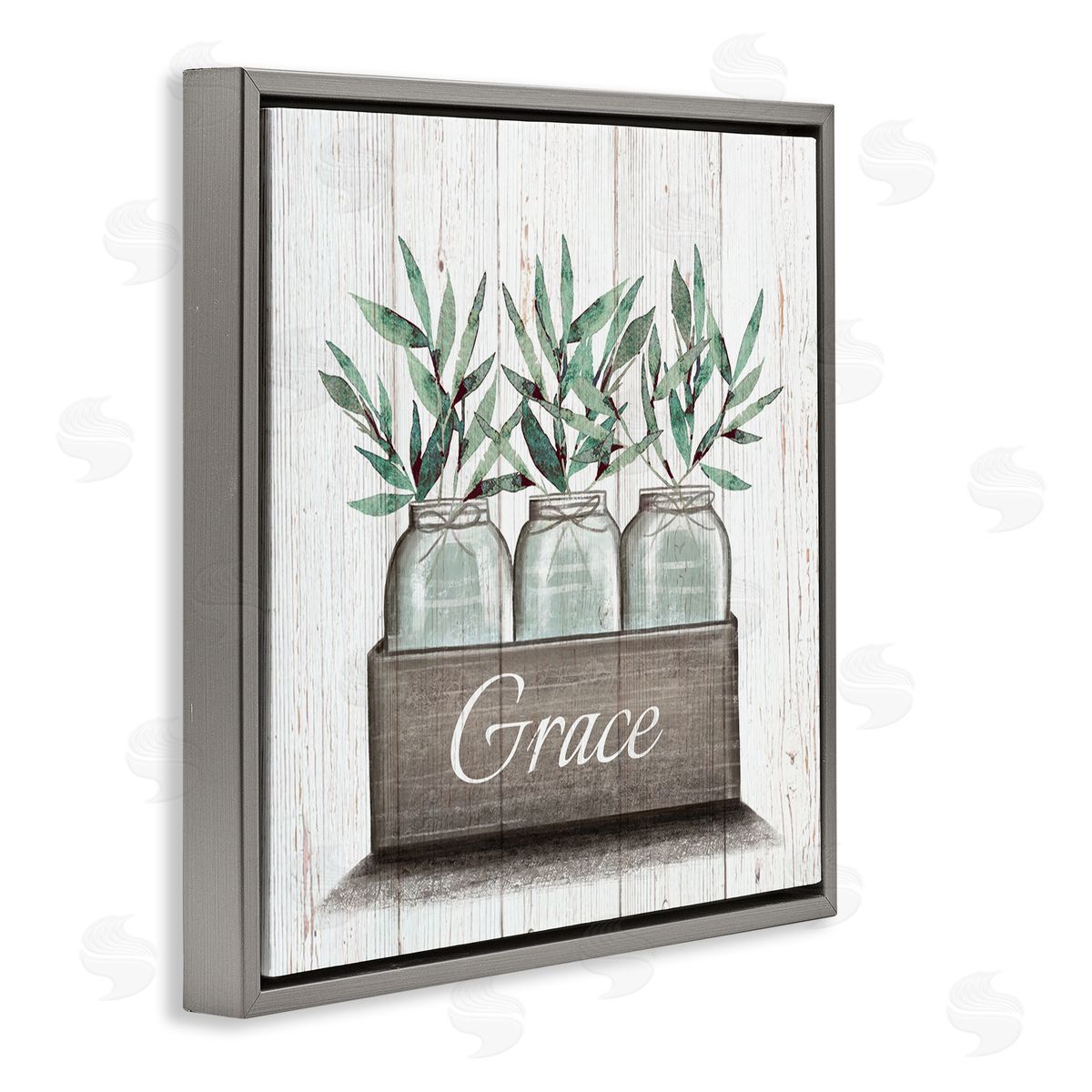 Elizabeth Tyndall Green Plant Foliage in Jars with Grace Sentiments Gray Floating Frame Canvas Wall Art Print