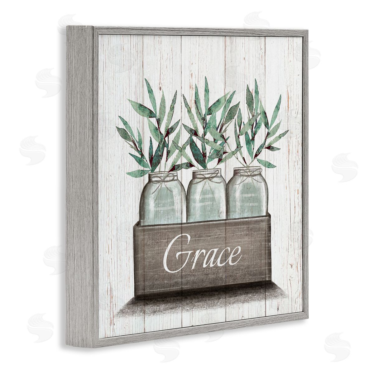Elizabeth Tyndall Green Plant Foliage in Jars with Grace Sentiments Gray Framed Glicee Wall Art Print