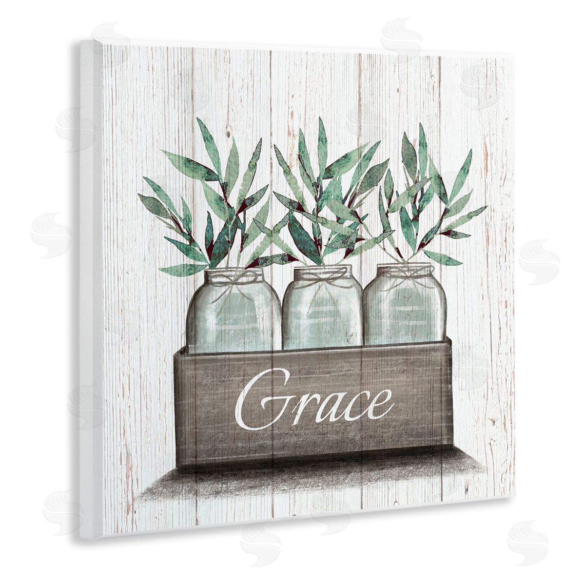 Elizabeth Tyndall Green Plant Foliage in Jars with Grace Sentiments Wooden Wall Plaque Art Print