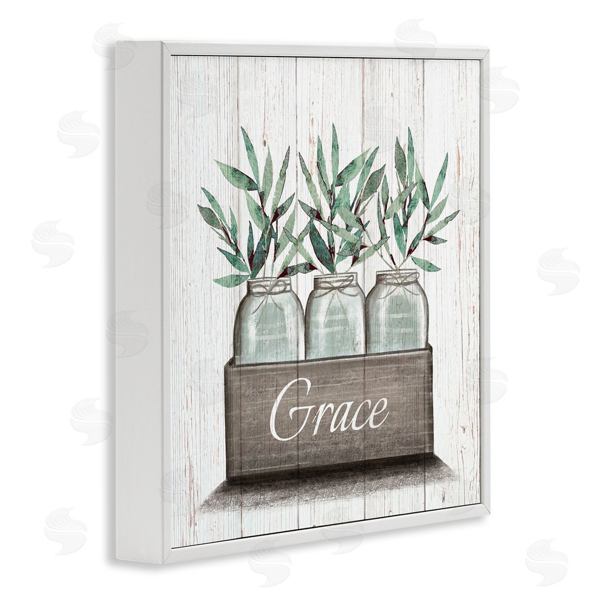 Elizabeth Tyndall Green Plant Foliage in Jars with Grace Sentiments White Framed Glicee Wall Art Print
