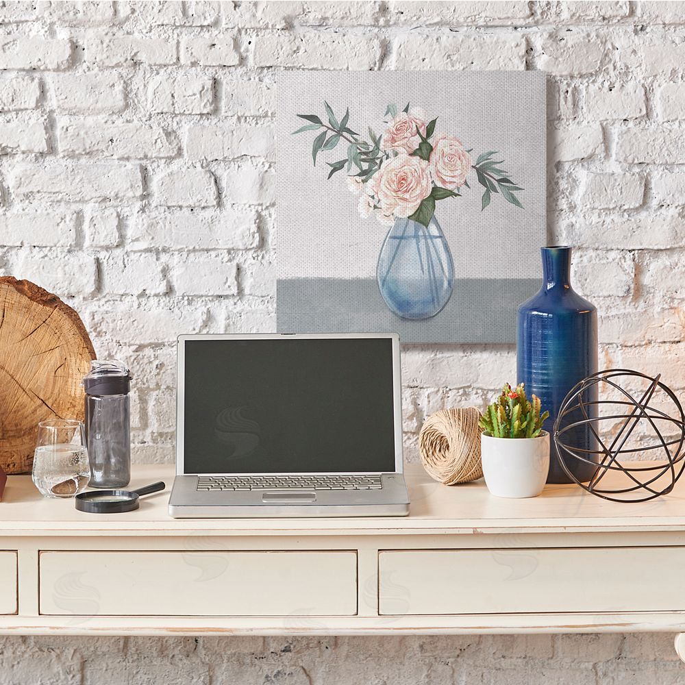 Ziwei Li Pink Roses Blue Teardrop Vase Soft Florals Canvas Wall Art in Room