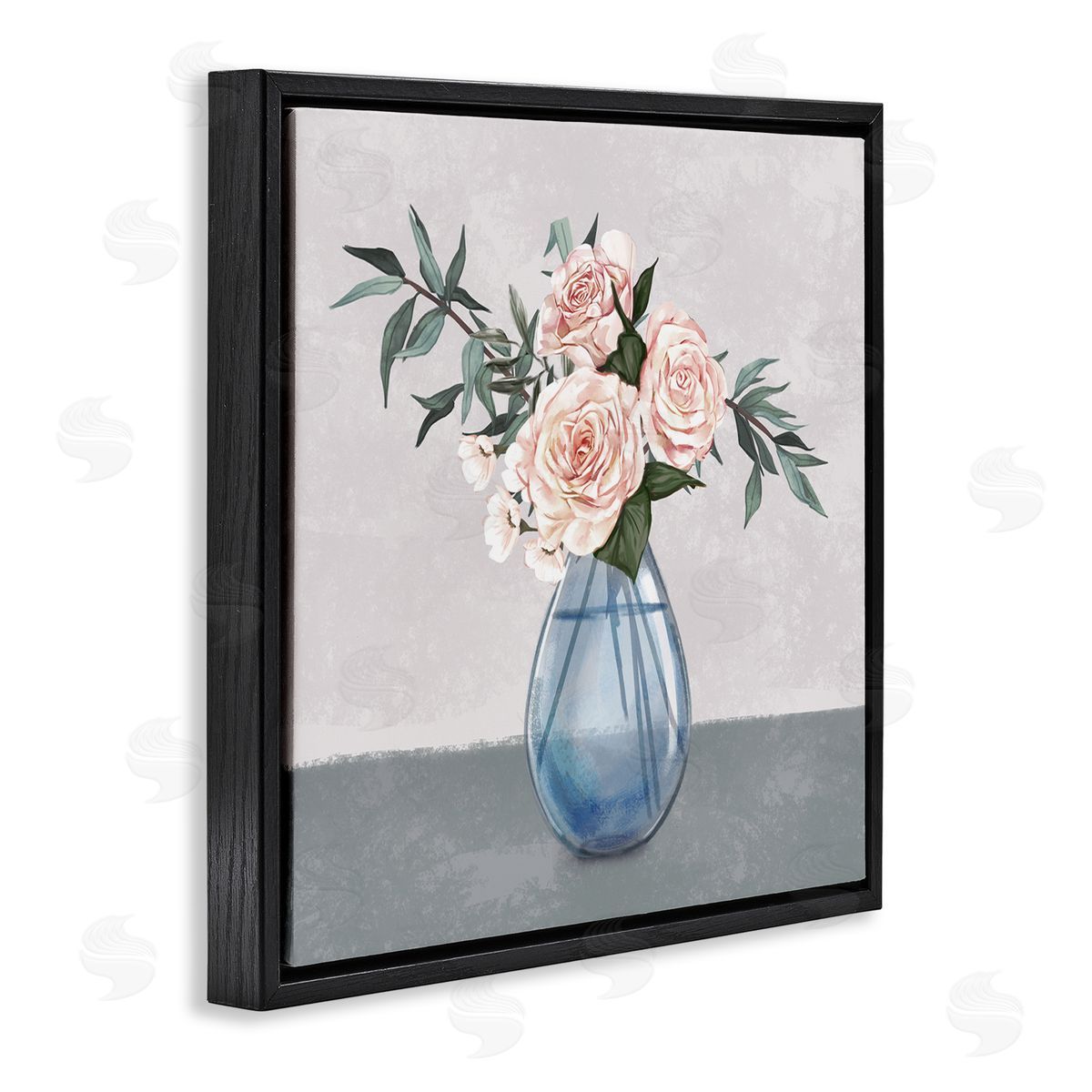 Ziwei Li Pink Roses Blue Teardrop Vase Soft Florals Black Floating Frame Canvas Wall Art Print