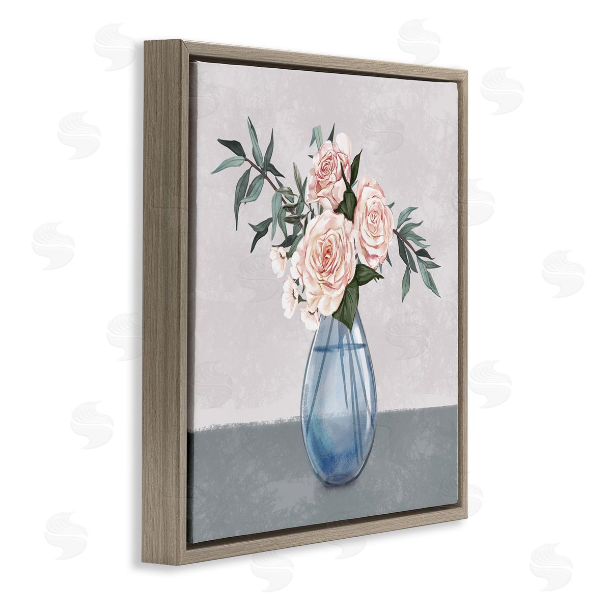 Ziwei Li Pink Roses Blue Teardrop Vase Soft Florals Brown Floating Frame Canvas Wall Art Print