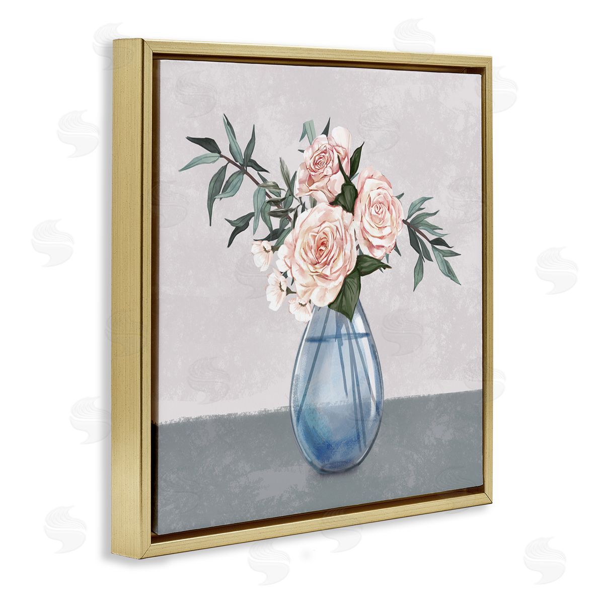 Ziwei Li Pink Roses Blue Teardrop Vase Soft Florals Gold Floating Frame Canvas Wall Art Print