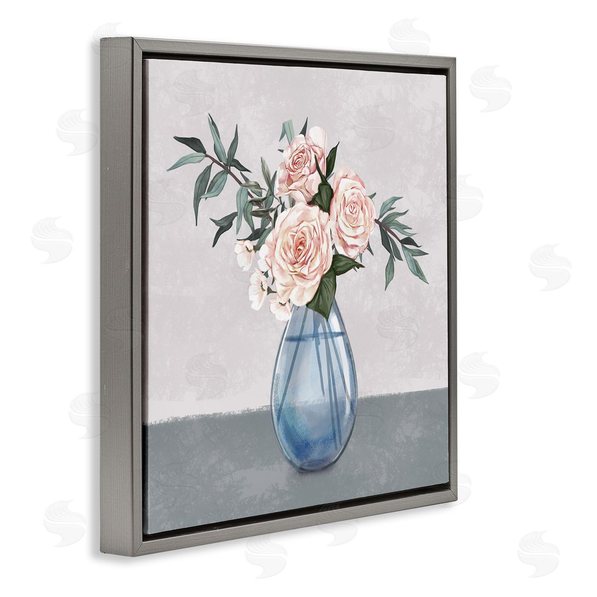 Ziwei Li Pink Roses Blue Teardrop Vase Soft Florals Gray Floating Frame Canvas Wall Art Print