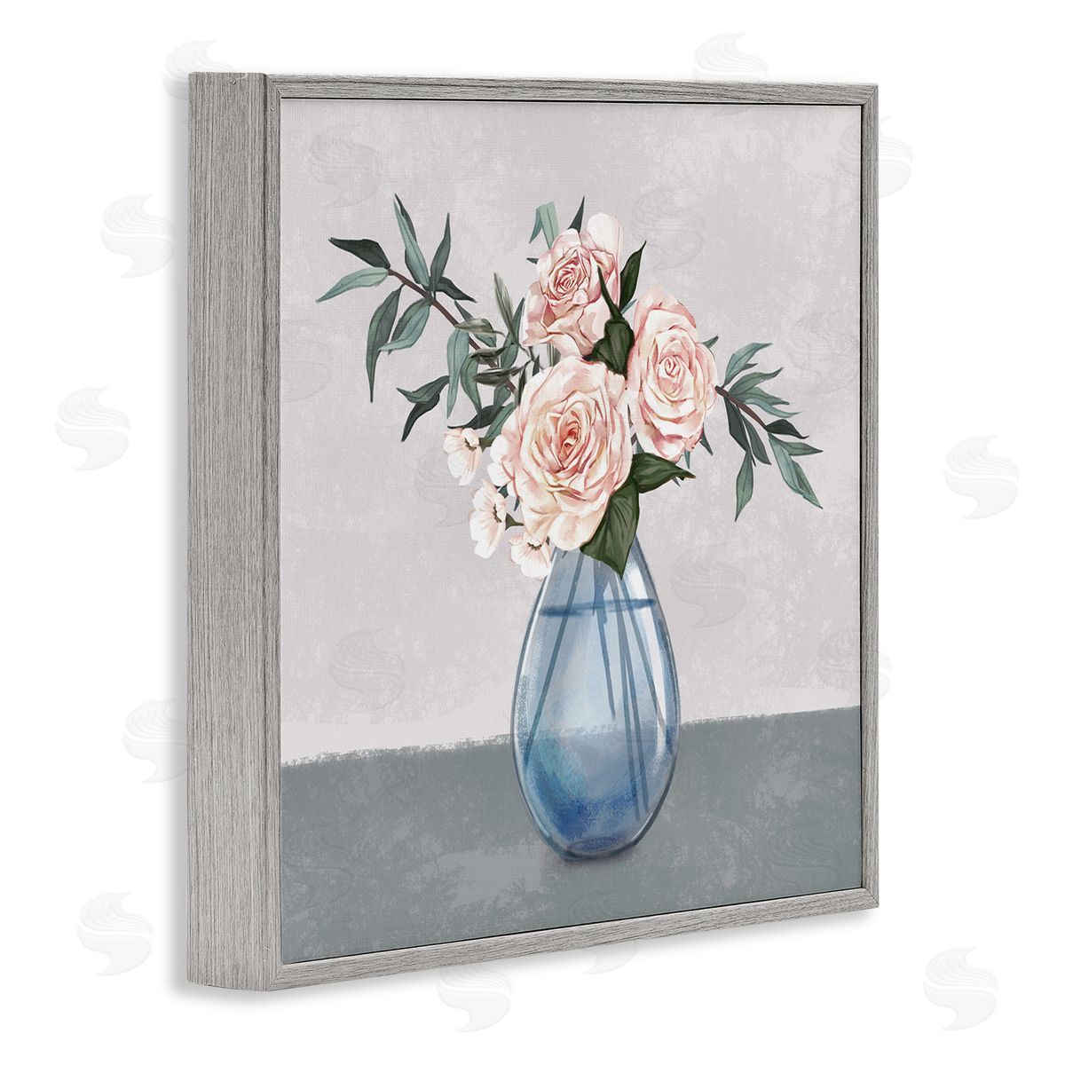 Ziwei Li Pink Roses Blue Teardrop Vase Soft Florals Gray Framed Glicee Wall Art Print