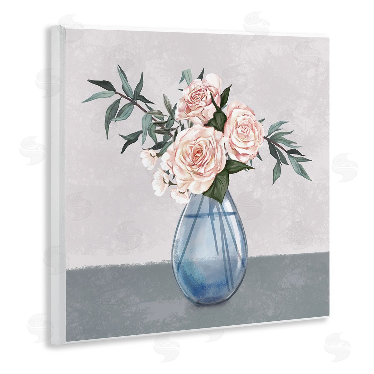 Ziwei Li Pink Roses Blue Teardrop Vase Soft Florals Wooden Wall Plaque Art Print