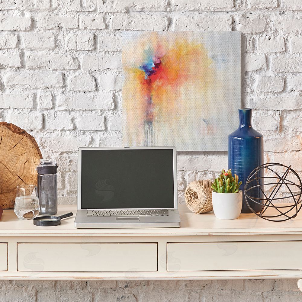 Karen Hale Abstract Paint Burst Expressive Orange Red Blue Canvas Wall Art in Room