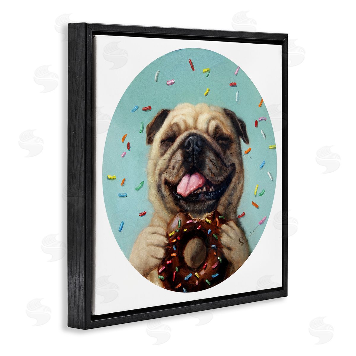 Lucia Heffernan Happy Pug With Sprinkle Donut Pet Dog Black Floating Frame Canvas Wall Art Print