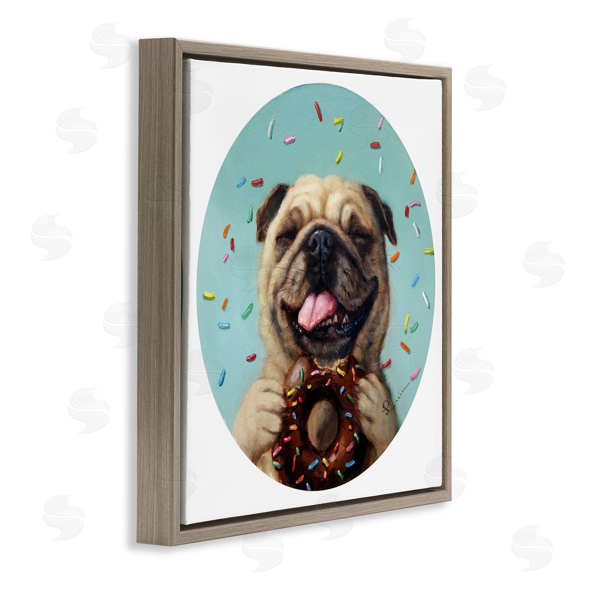 Lucia Heffernan Happy Pug With Sprinkle Donut Pet Dog Brown Floating Frame Canvas Wall Art Print